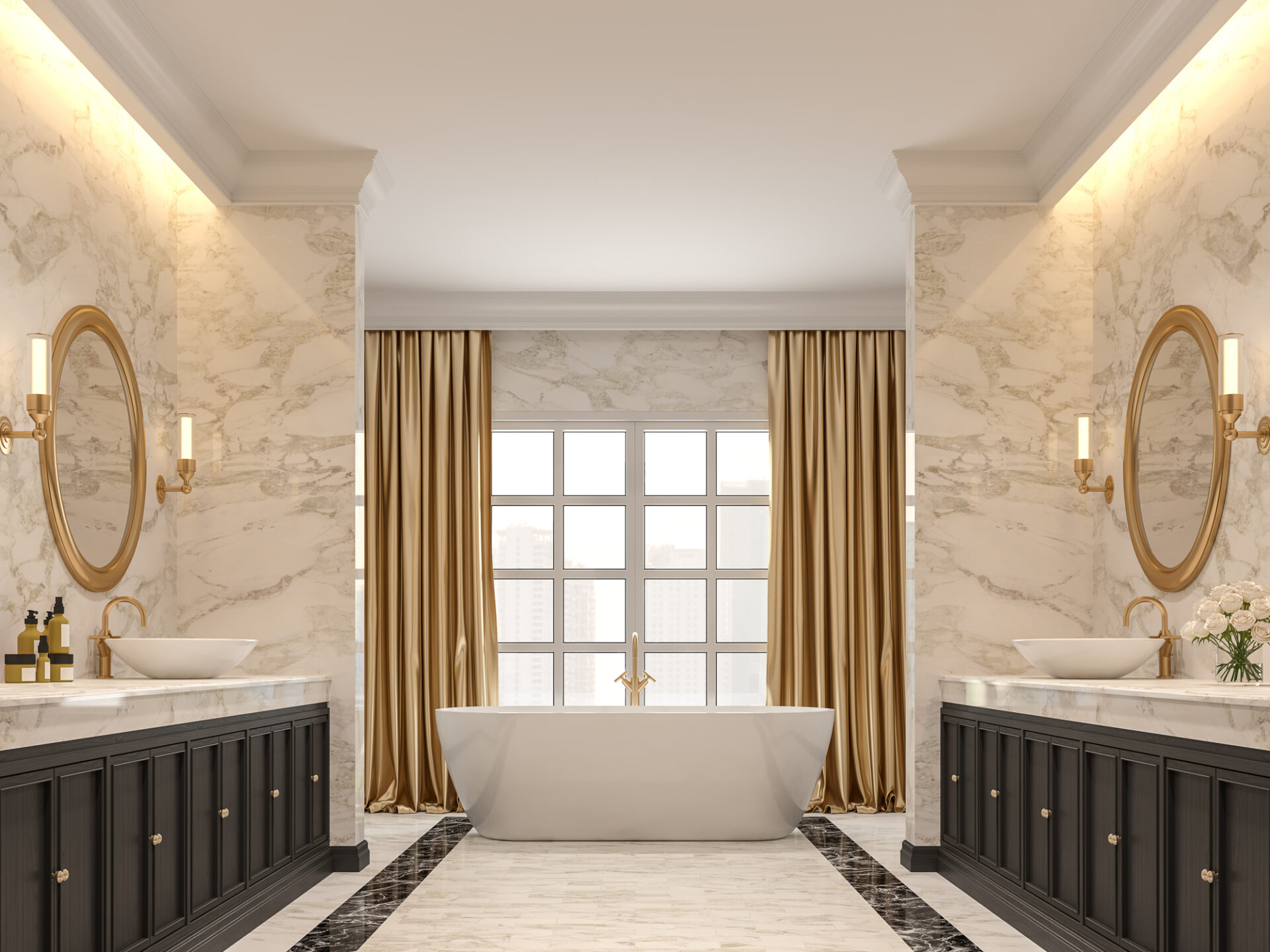 Luxury bathroom with white marble walls and floors 3d render Grocery Store Design and Construction