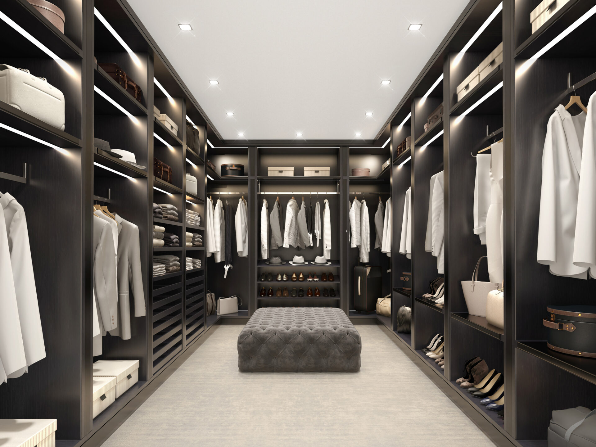 Modern black luxury walk in closet, dressing room, wardrobe Grocery Store Design and Construction