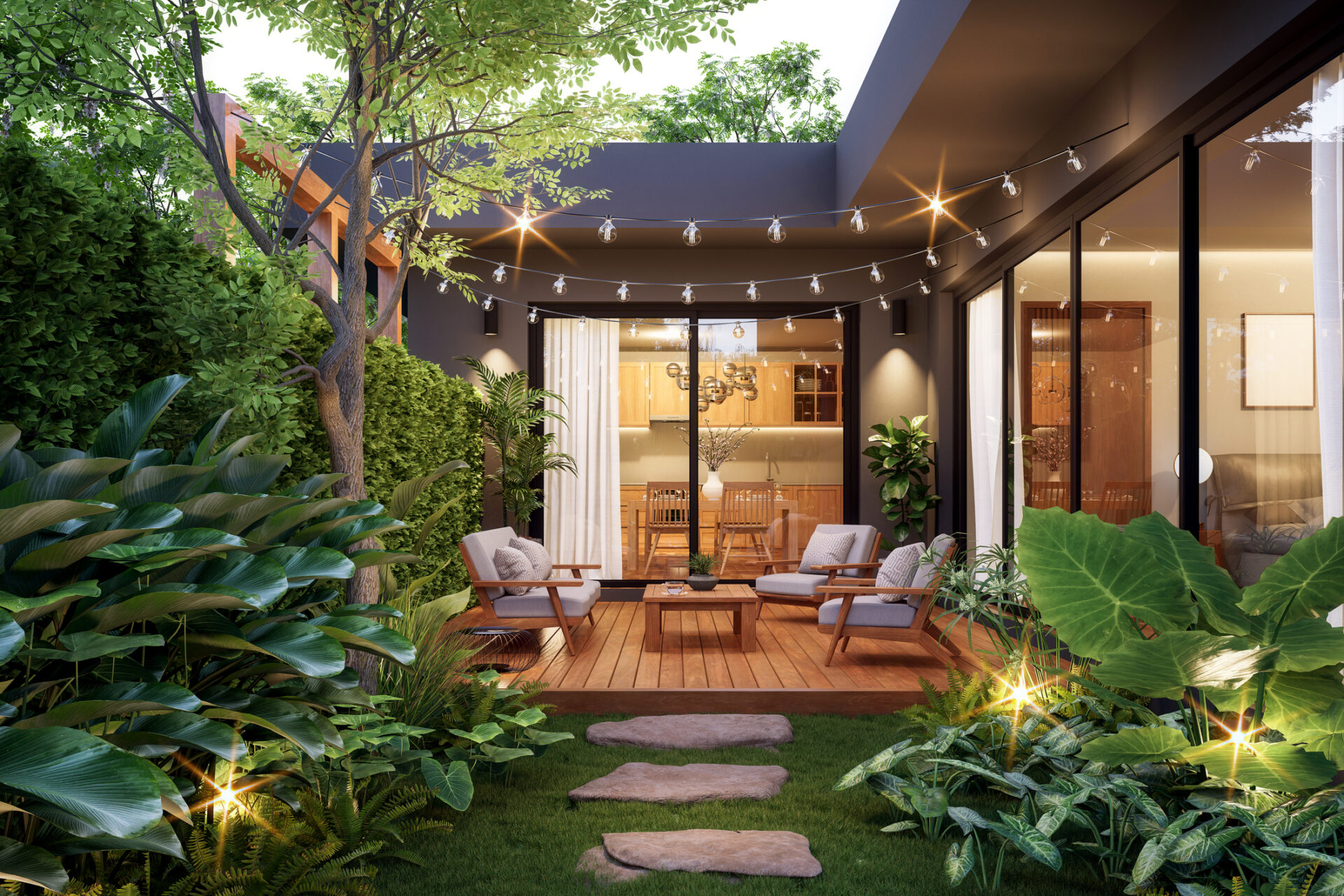 Modern contemporary style small wooden terrace in lush garden with house interior background 3d render