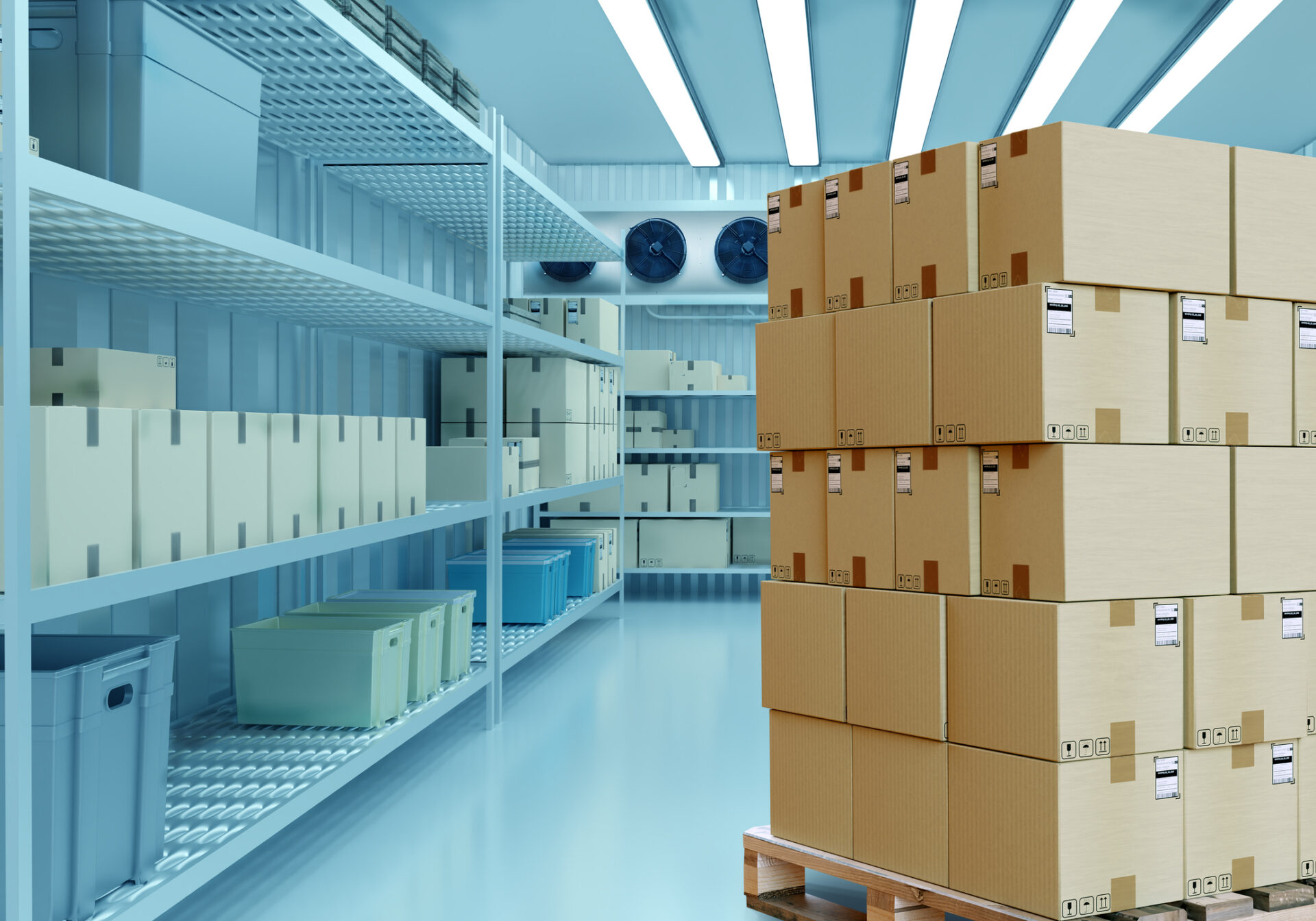 Boxes are in a warehouse with a refrigerator. Refrigeration chamber for food storage. Grocery Store Design and Construction