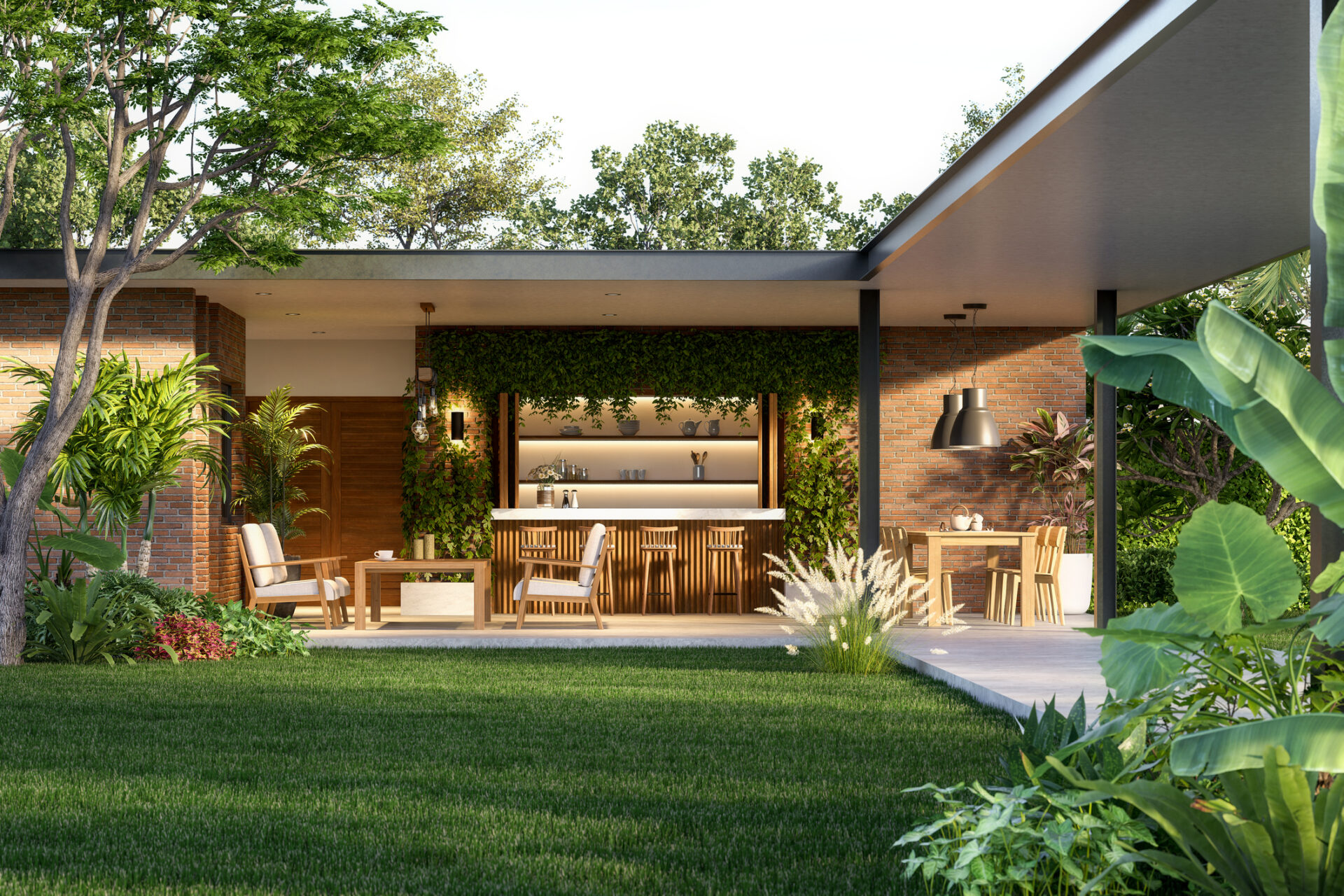 Modern contemporary loft style house with green lawn 3d render Grocery Store Design and Construction