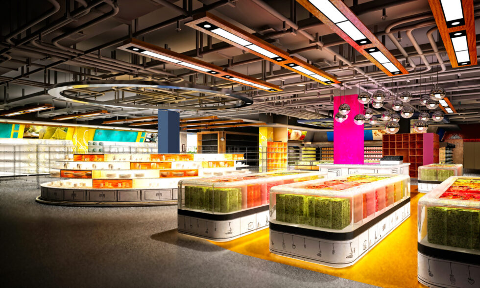 Retail sales floor lit by overhead and display lighting
